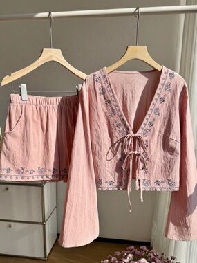 💗Hello Gorgeous! COTTON Embroidered Tie-Front Top and Pants Set- Pink